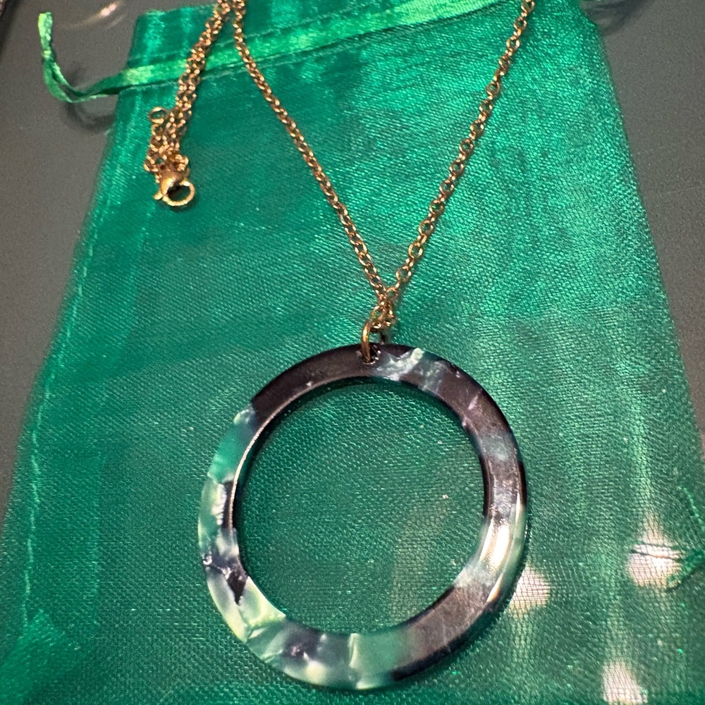 Blue and Green Hoop Necklace with stainless steel chain and hardware.